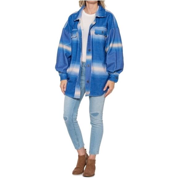 Free People Printed Ruby Shirt Jacket Women's Sz Large NWT Deep Sea Blue Combo - Picture 4 of 4